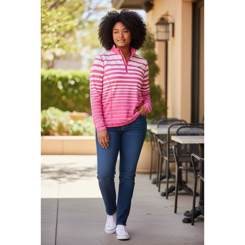 Ralph Lauren Women’s Pink And White Striped Quarter Zip Pullover XL Outdoors